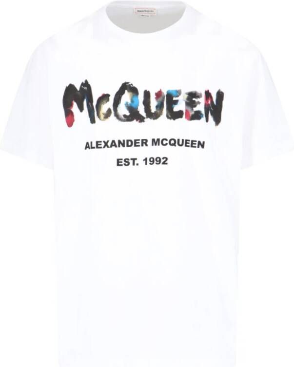 Alexander mcqueen Graffiti Logo Biologisch Katoenen T-Shirt White Heren