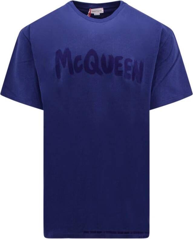 Alexander mcqueen Graffiti Print Katoenen T-Shirt voor Heren Blauw Heren