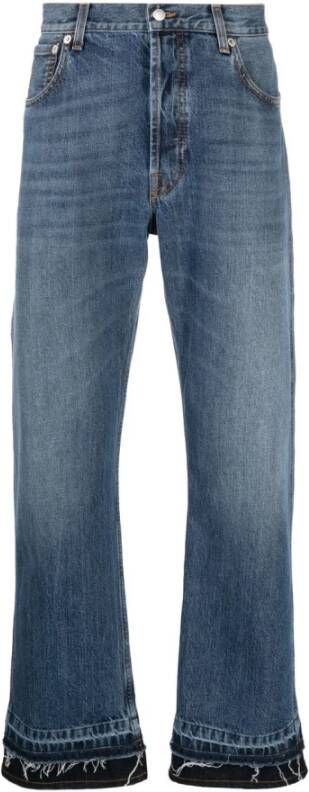 Alexander mcqueen Blauwe Denim Jeans met Whiskering Effect en Logo Patch Blue Heren