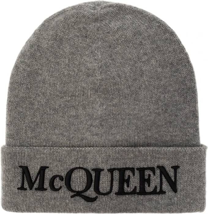Alexander mcqueen Grijze Cashmere Beanie Hoed Geborduurd Logo Gray Heren