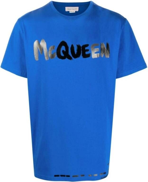 Alexander mcqueen Blauw Katoenen T-shirt met Logo Print Blue Heren