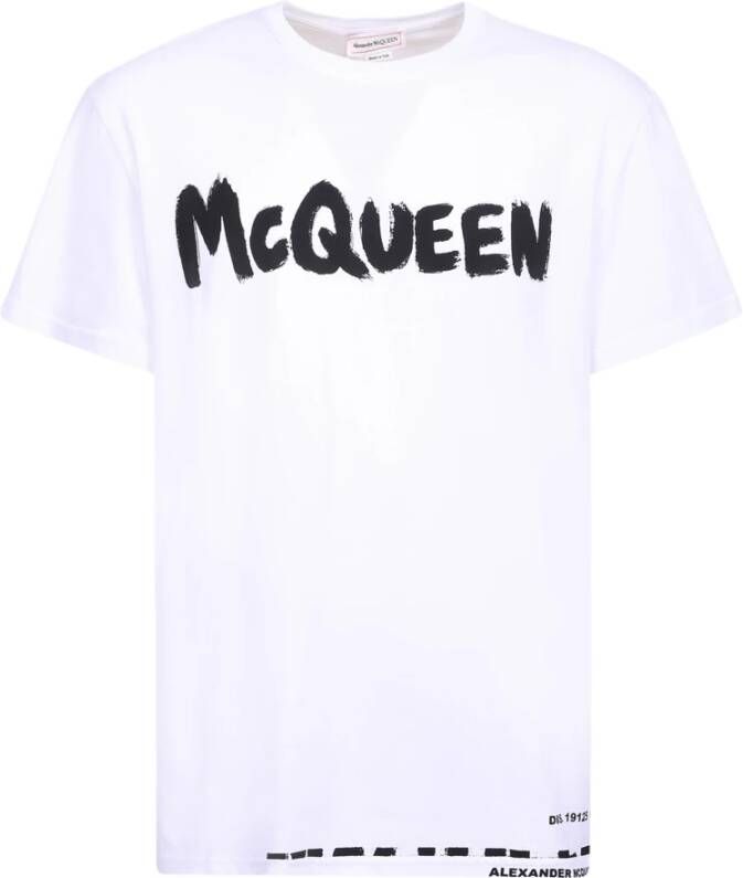 Alexander mcqueen Logo Print T-Shirt Klassieke Pasvorm Wit Zwart Wit Heren