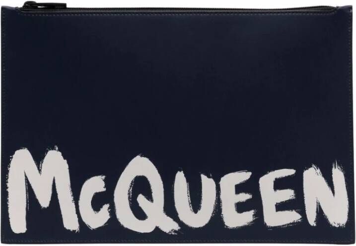 Alexander mcqueen Donkerblauwe leren logo-print clutch tas Blue Heren