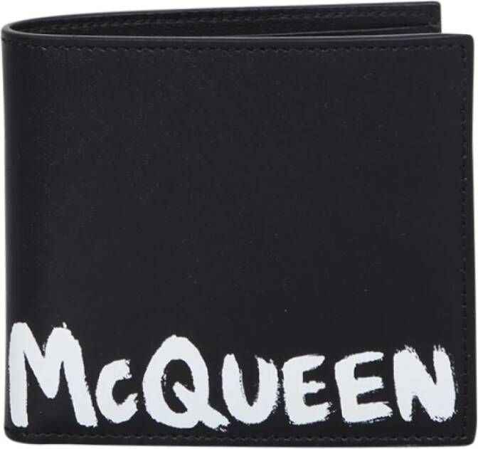 Alexander mcqueen Leather Bifold Wallet two internal compartments for banknotes two flat pockets and eight slot cards Graffiti logo by Zwart Heren