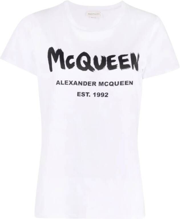 Alexander mcqueen Witte Ronde Hals Bedrukte Graffiti Logo T-shirts en Polos White Dames