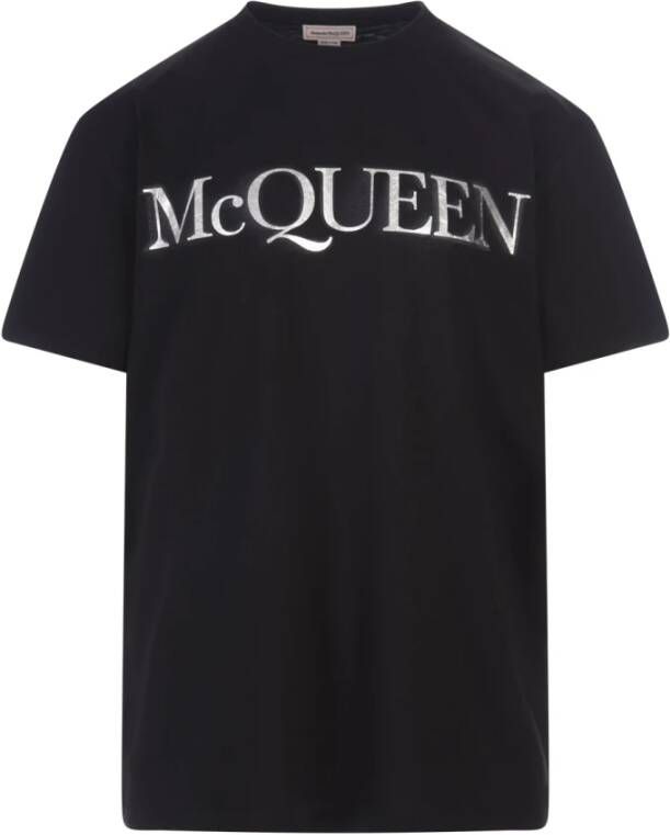 Alexander mcqueen Zwart Oversized T-shirt met Metallic Zilveren Print voor Heren Zwart Heren
