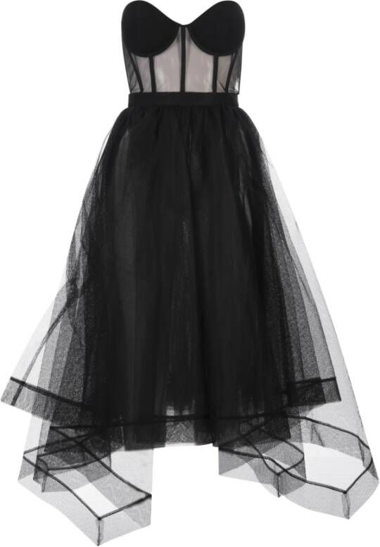 Alexander mcqueen Zwarte Strapless Midi Jurk met Asymmetrische Tule Rok Zwart Dames