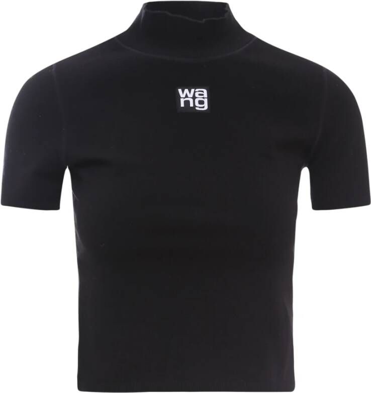 Alexander wang Zwart Katoenen T-Shirt met Hoge Kraag en Logo Patch Zwart Dames