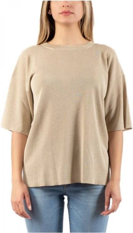 Alpha Studio Ronde hals korte mouw viscose top Beige Dames