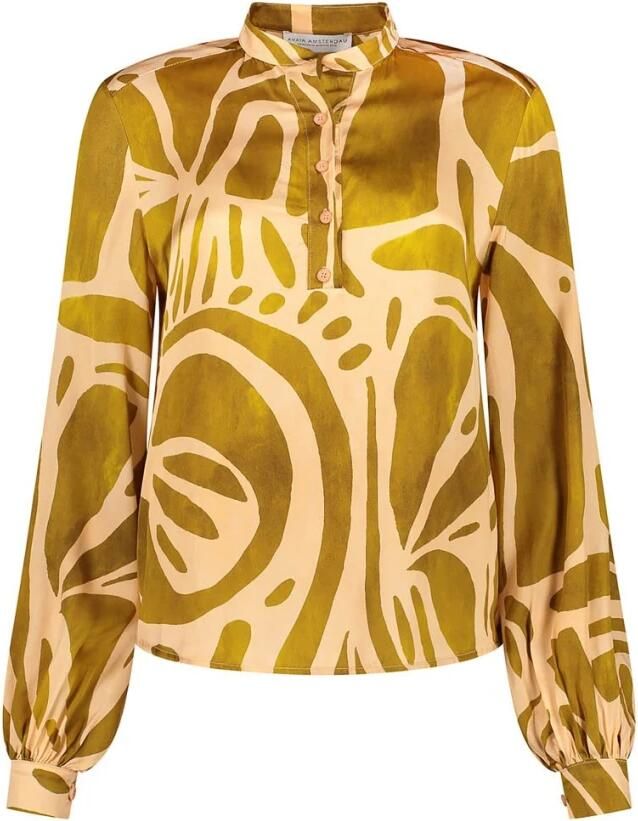 Amaya Amsterdam Groene Blouse met Perzikprint en Chique Details Green Dames