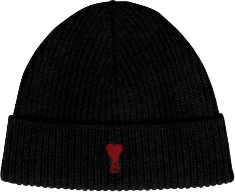 Ami Paris Geribbelde wollen beanie met geborduurd embleem Zwart Heren