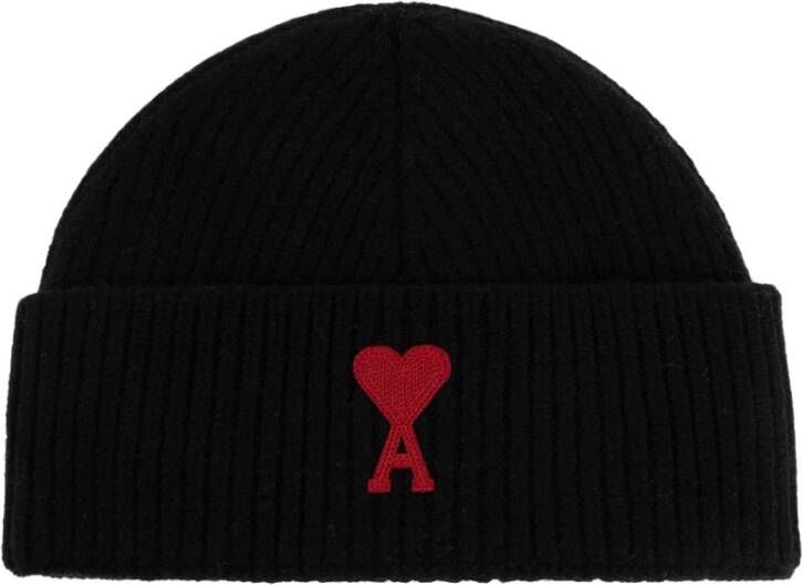 Ami Paris Zwarte vilten wollen ribgebreide beanie Black Unisex