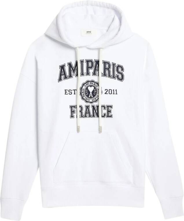 Ami Paris Logo-Print Trekkoord Hoodie Witte Trui White Heren
