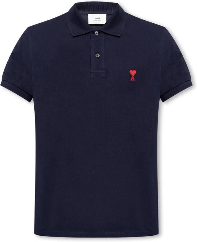 Ami Paris Navy Blauwe Polo met Geborduurd Logo Blauw Heren