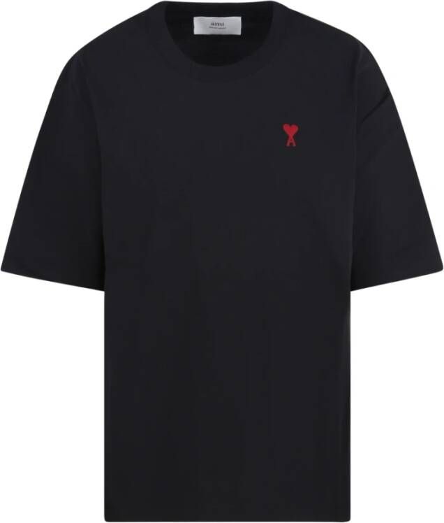 Ami Paris Zwart Geborduurd Logo Biologisch Katoenen T-Shirt Black
