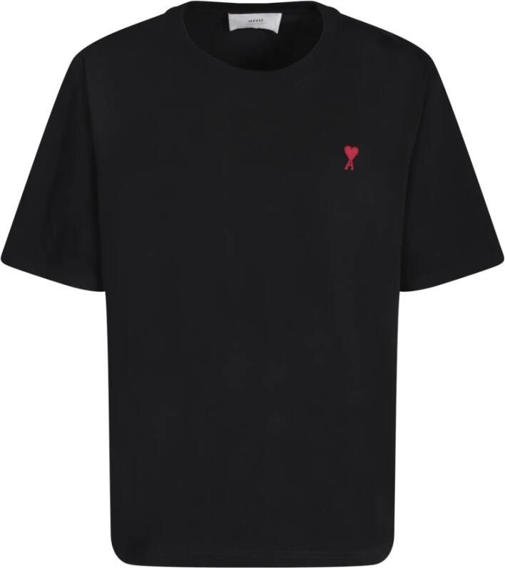 Ami Paris Zwart Katoenen T-Shirt met Geborduurd Logo Zwart Heren