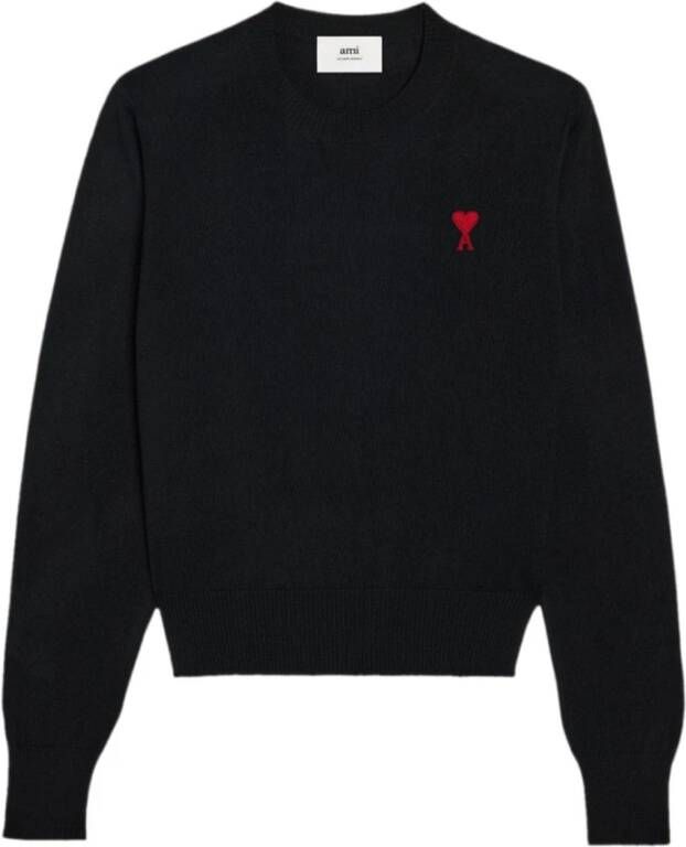 Ami Paris Zwarte Wol Crew-Neck Sweater met Geborduurd Logo Black Dames