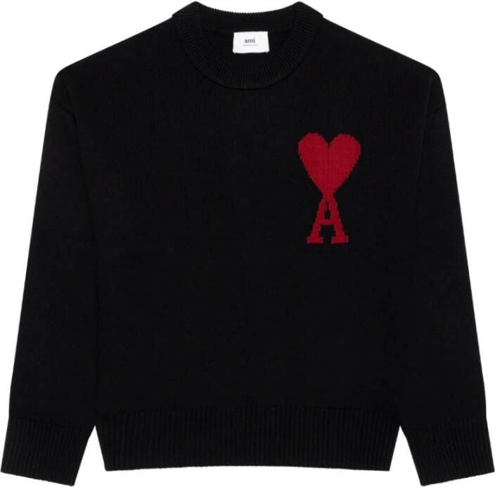 Ami Paris Zwart Rood Wol Crewneck Sweater Zwart Heren