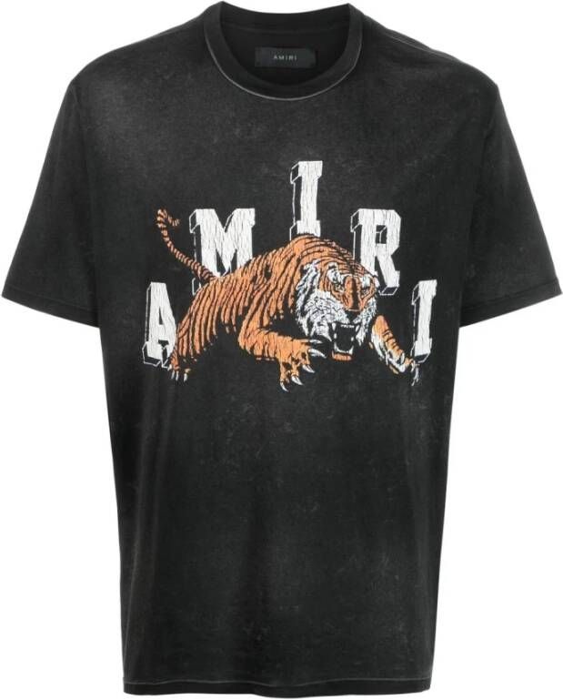 Amiri Vintage Zwart Katoenen T-shirt met Logo en Tijger Print Zwart Heren