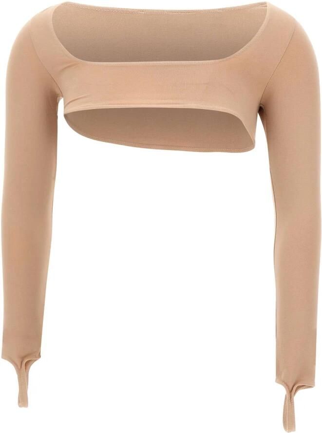 Andrea Adamo Jersey Top Beige Lange Mouw Slim Fit Beige Dames