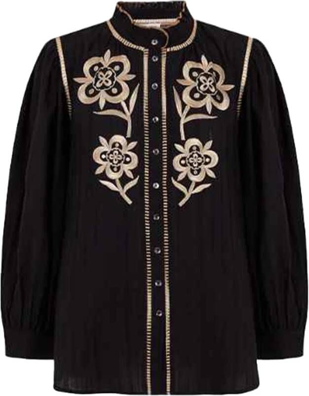 Antik batik Geborduurde Katoenen Blouse met Gouden Bloemen Black Dames