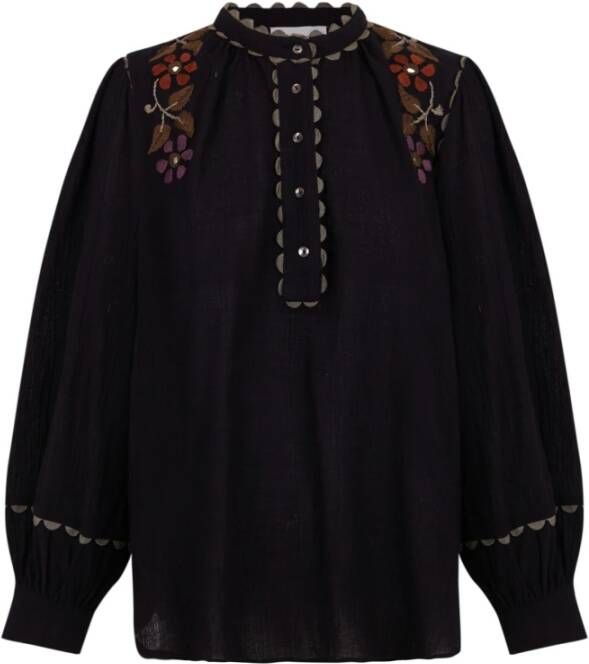 Antik batik Geborduurde katoenen crêpe blouse Black Dames