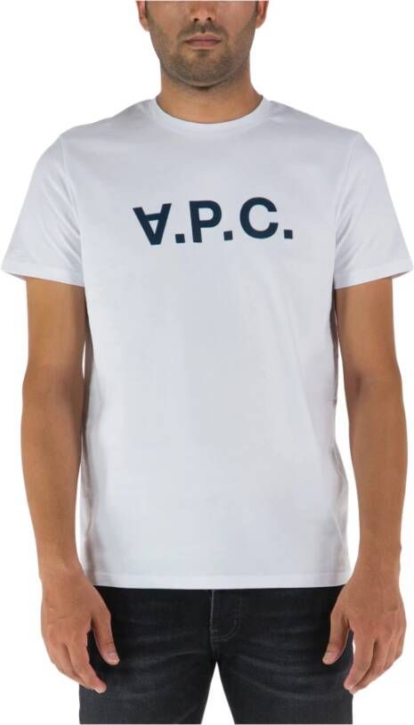 A.p.c. Witte Katoenen T-shirt met Marineblauw Logo Wit Crew Neck Logo Print T-shirt White