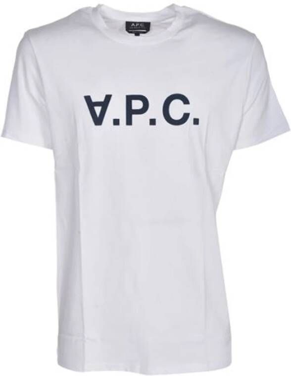 A.p.c. Witte Katoenen T-shirt met Marineblauw Logo Wit Crew Neck Logo Print T-shirt White