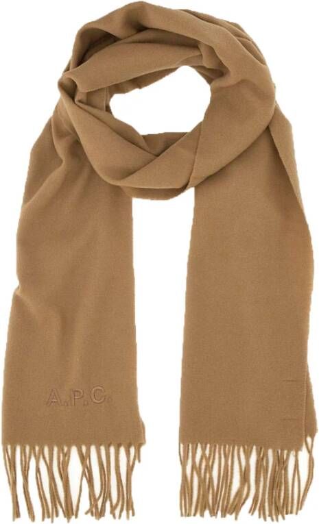 A.p.c. Logo-geborduurde wollen sjaal met kwastjes Brown Dames