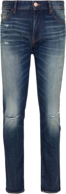 Armani Exchange Blauwe elastische katoenen jeans met gescheurde knie Blauw Heren