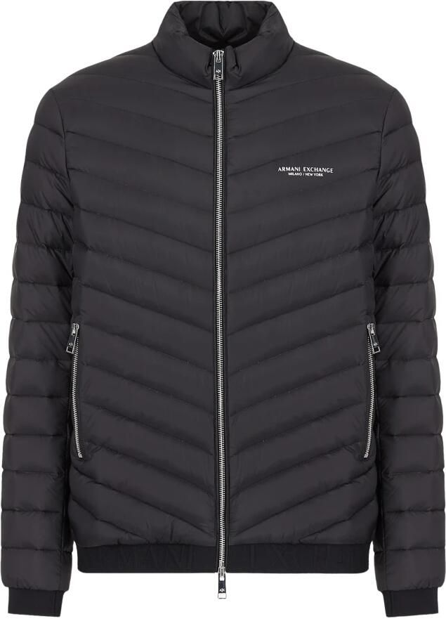 Emporio Armani Zwarte gewatteerde jas met hoge kraag en logo Black Heren