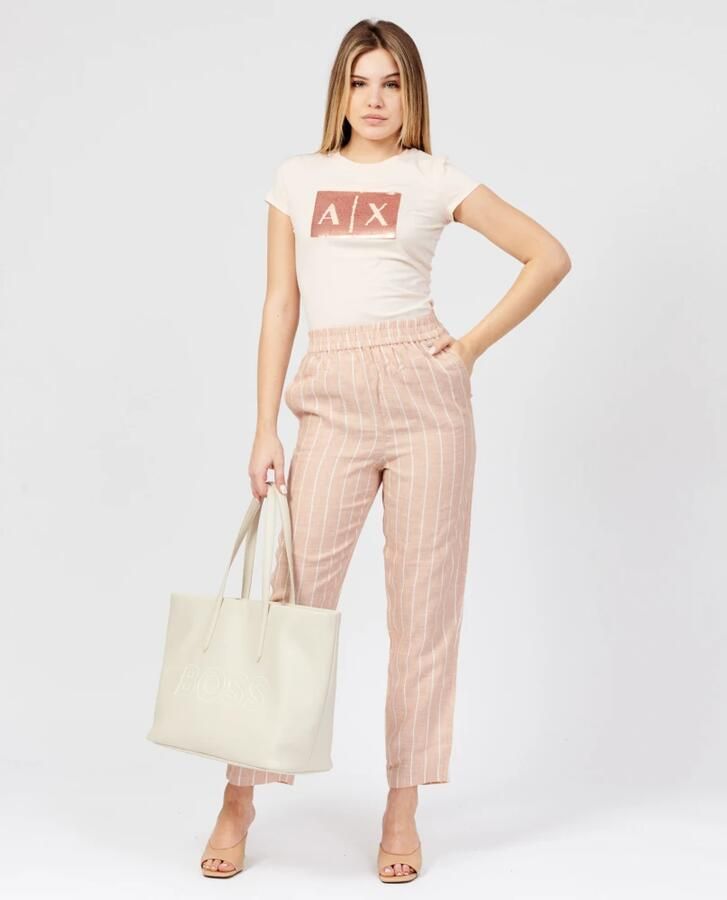 Armani Exchange Gestreepte linnen wijde pijpen Beige Dames