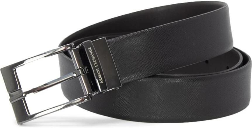 Armani Exchange Zwarte leren riem met zilveren metalen gesp Black Heren