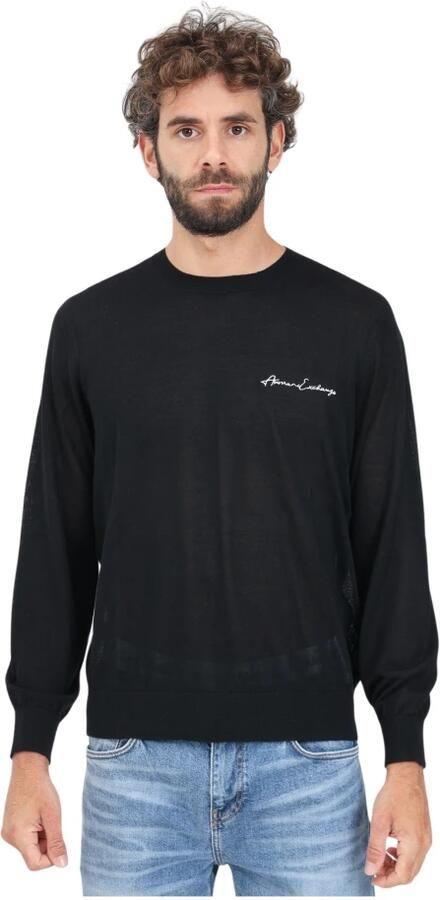 Armani Exchange Zwarte Crewneck Trui met Logo Borduursel Black Heren