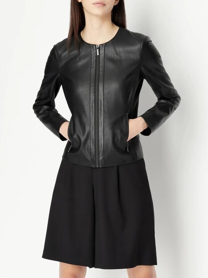 Emporio Armani Zwarte Blouson Jas Eco-Leer Koreaanse Kraag Black Dames
