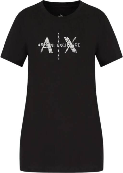Armani Exchange Zwart Logo Versierd Katoenen T-Shirt Black Dames