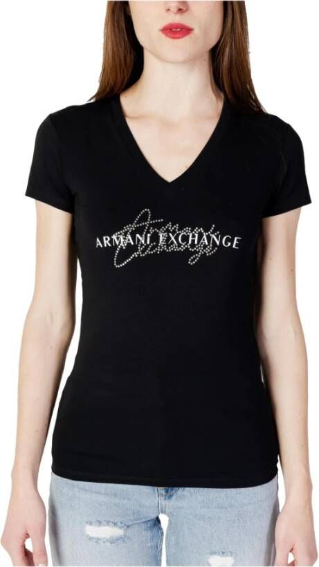 Armani Exchange Gestuderd Logo Katoenen T-Shirt Slim Fit V-Hals Korte Mouwen Black Dames