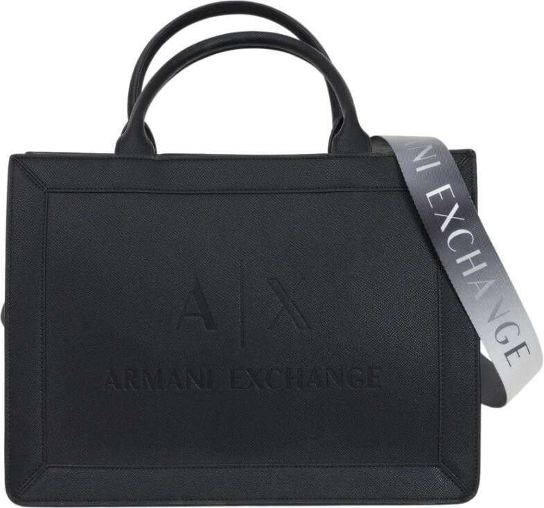 Armani Exchange Zwarte Shopper Tote Tas met Logo Print en Canvas Schouderband Zwart Dames