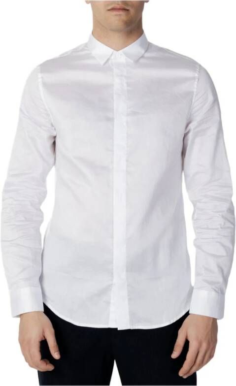 Armani Exchange Witte Katoenen Satijnen Overhemd met Geborduurd Logo White Heren