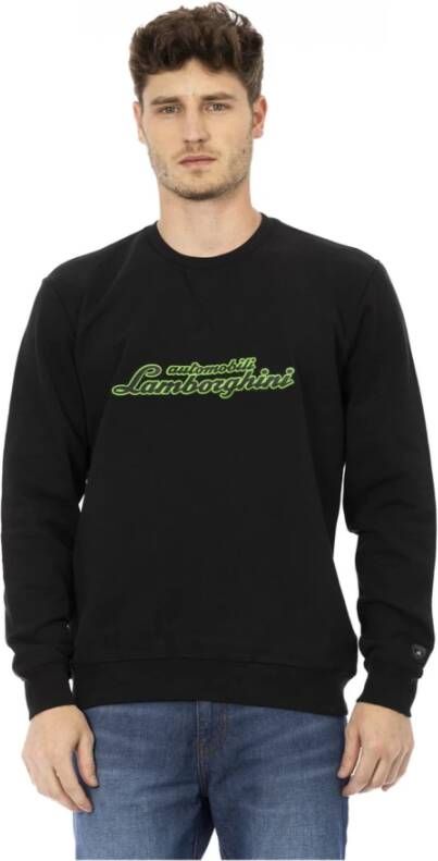 Automobili Lamborghini Black Cotton Sweater with Crewneck Front Print and Logo Insert on Sleeve Zwart Heren