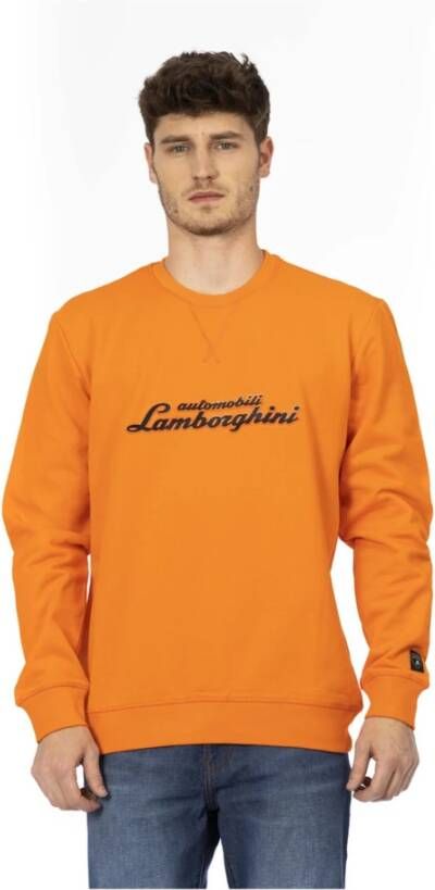 Automobili Lamborghini Orange Cotton Sweater with Crewneck Front Print and Logo Insert on Sleeve Oranje Heren