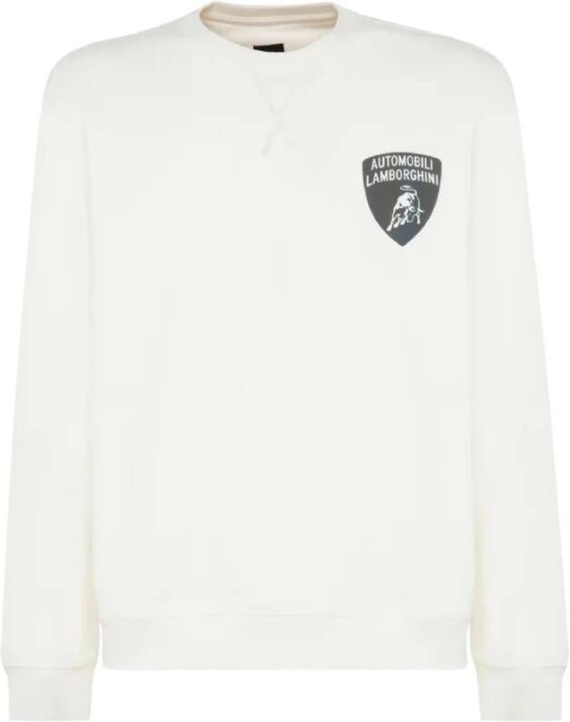 Automobili Lamborghini White Cotton Sweater with Shield Logo Print and Rear Lettering Wit Heren