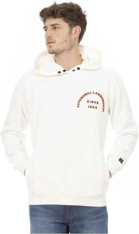 Automobili Lamborghini White Cotton Hoodie with Front Print and Logo Insert on Sleeve Wit Heren