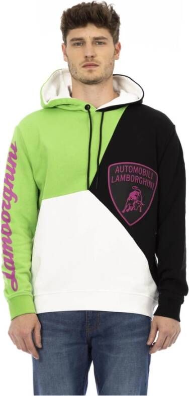 Automobili Lamborghini White Cotton Sweater with Hood and Drawstring Maxi Shield Logo 100% Cotton Wit Heren