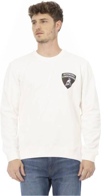 Automobili Lamborghini White Cotton Sweater with Shield Logo Print and Rear Lettering Wit Heren