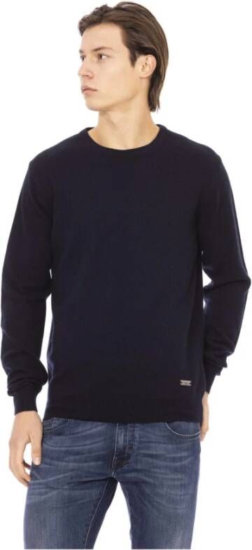 Baldinini Blauwe Wol Crewneck Sweater met Metalen Monogram Blue Heren
