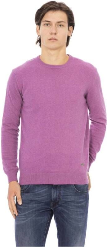 Baldinini Paarse Wol Crewneck Sweater met Metalen Monogram Purple Heren