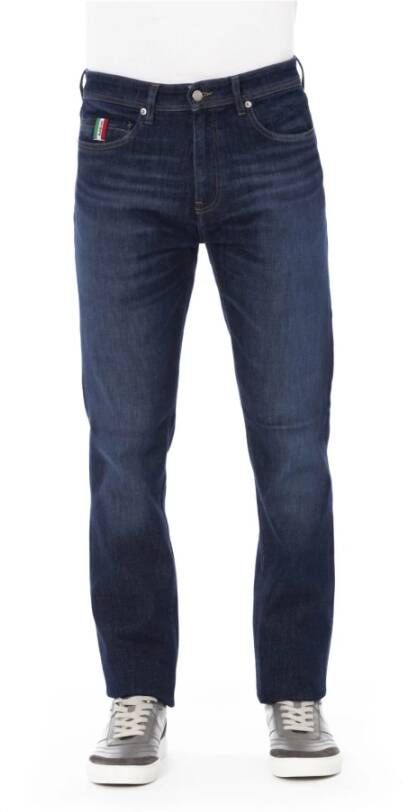 Baldinini Blauwe Katoenen Jeans Logo Knoop Contraststiksels Blue Heren