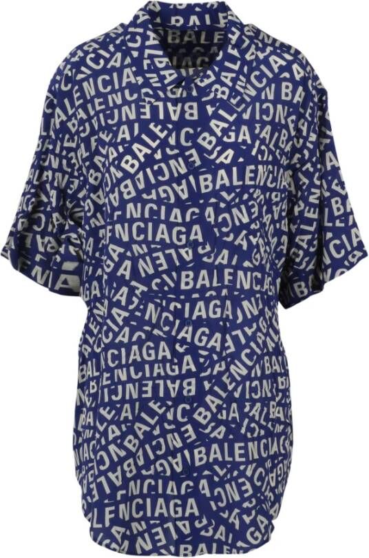 Balenciaga Allover Logo Shirt Blauw Dames