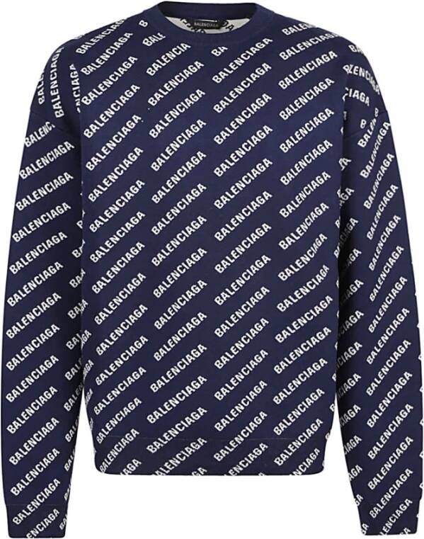 Balenciaga Katoenen Crewneck Sweater met Allover Logo Blauw Heren